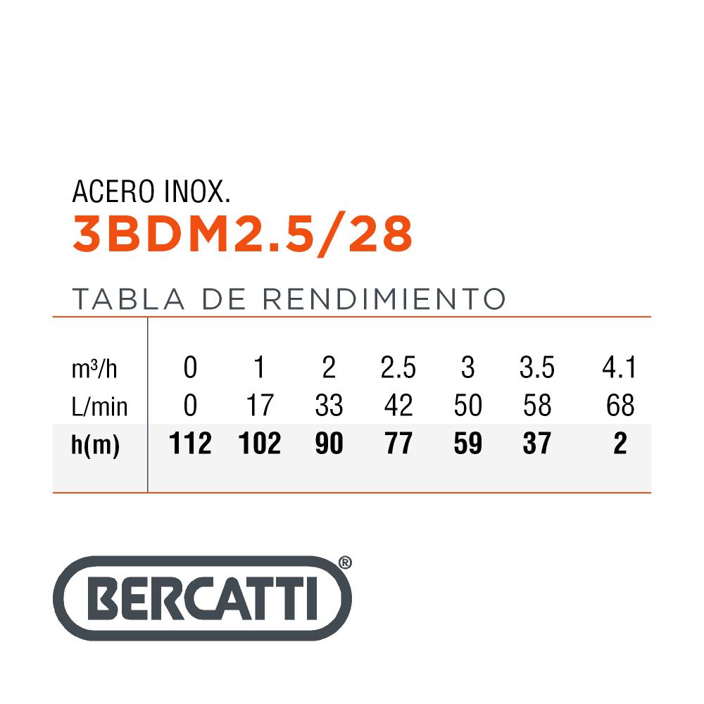 BOMBA SUMERGIBLE POZO 3″ 1,5HP BERCATTI 3BDM2.5/28