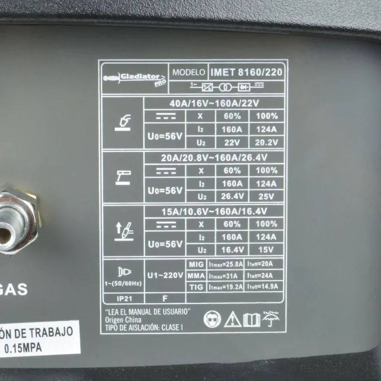 SOLDADORA 160 AMP MIG FLUX-TIG-ARCO GLADIATOR IMET 8160/220