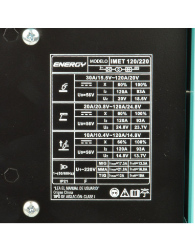 SOLDADORA 120 AMP MIG FLUX-ARCO-TIG ENERGY IMET 120/220