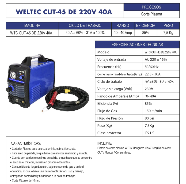CORTADORA DE PLASMA CUT-45 40A 220V WELTEC