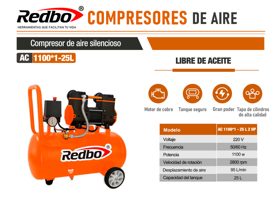 COMPRESOR DE AIRE SILENCIOSO LIBRE DE ACEITE 25L 2HP REDBO + KIT NEUMATICO 5 PCS