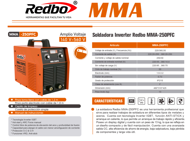 SOLDADORA INVERTER MMA-250PFC REDBO