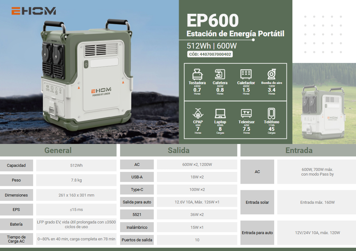 ESTACION DE ENERGÍA PORTÁTIL 600W EHOM EP600