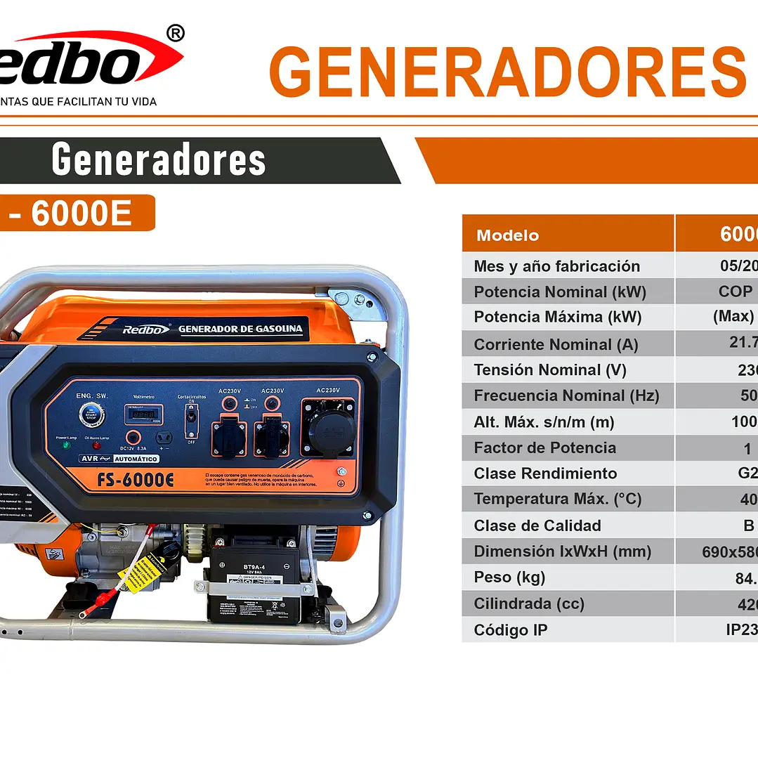 GENERADOR BENCINERO PARTIDA ELECTRICA REDBO FS-6000 E