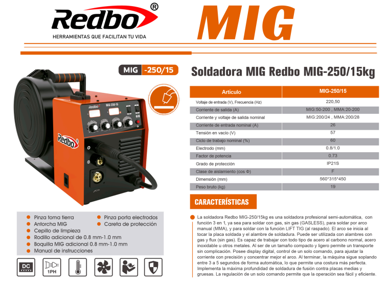 SOLDADORA MIG-250/15KG REDBO