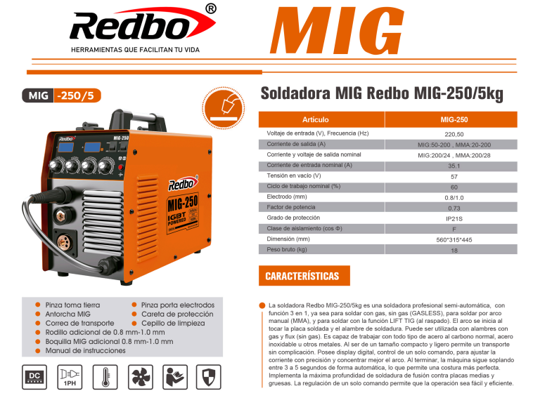SOLDADORA MIG-250/5 kg REDBO