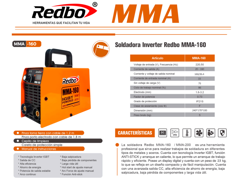 SOLDADORA INVERTER MMA-160 REDBO