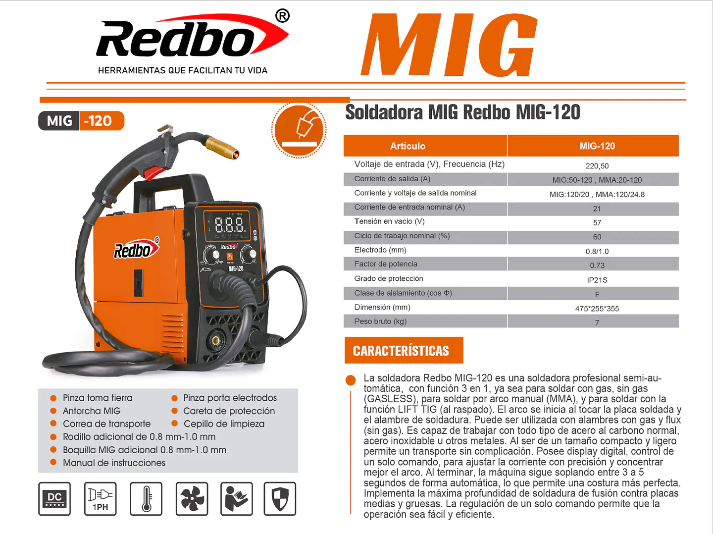 SOLDADORA INVERTER PROFESIONAL REDBO MIG-120 + ALAMBRE