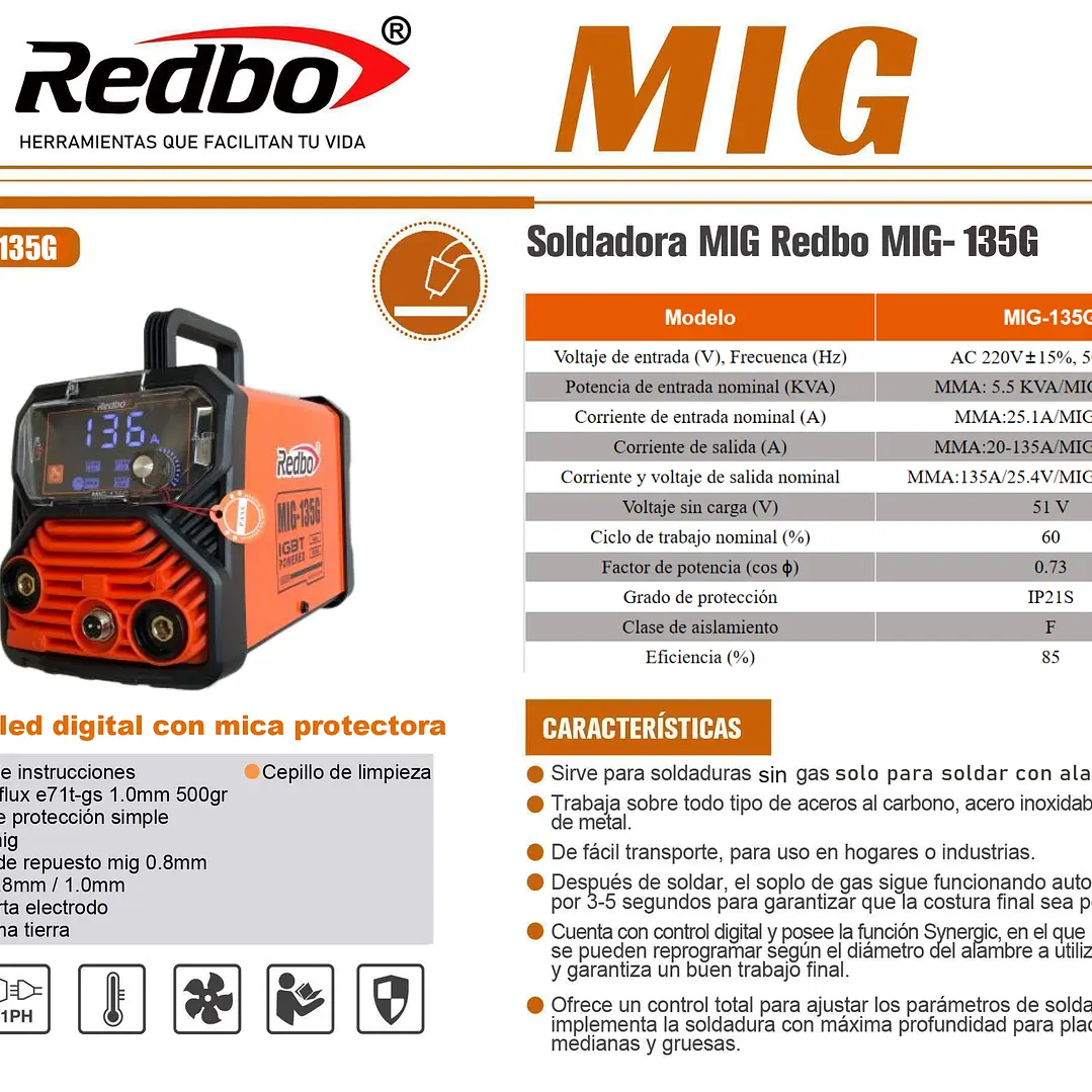 SOLDADORA INVERTER MIG REDBO 135G