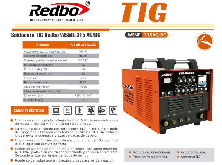 SOLDADORA TIG WSME-315 AC/DC REDBO