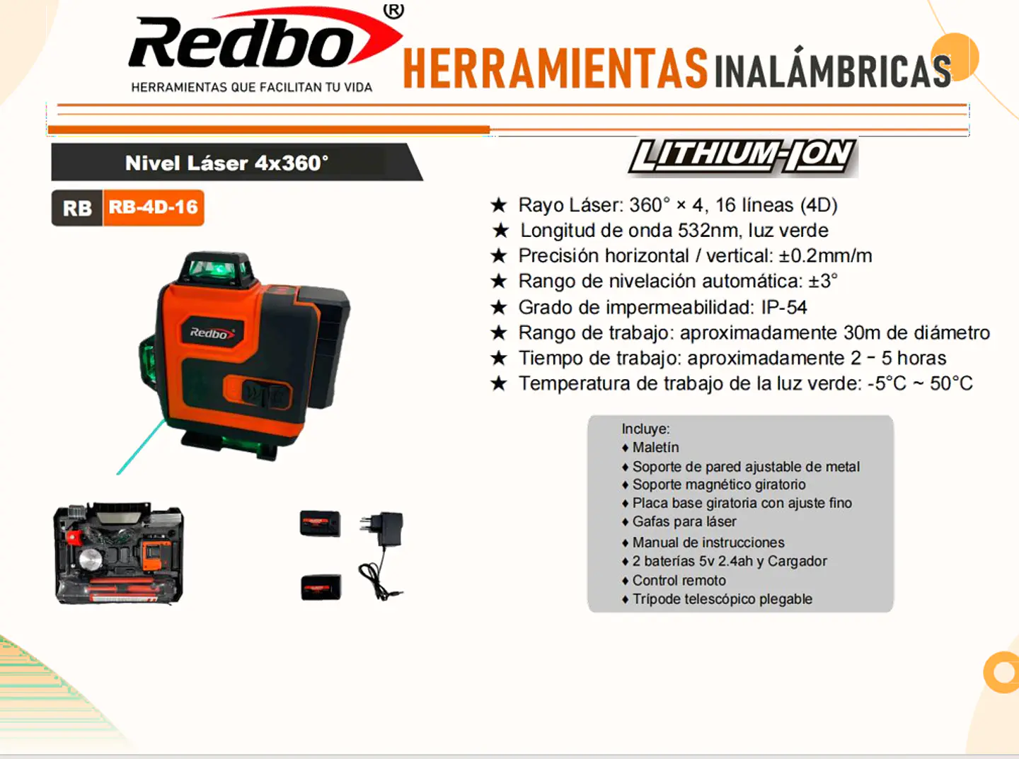 NIVEL LASER REDBO RB-4D-16 4×360° VERDE CON TRIPODE Y ACCESORIOS