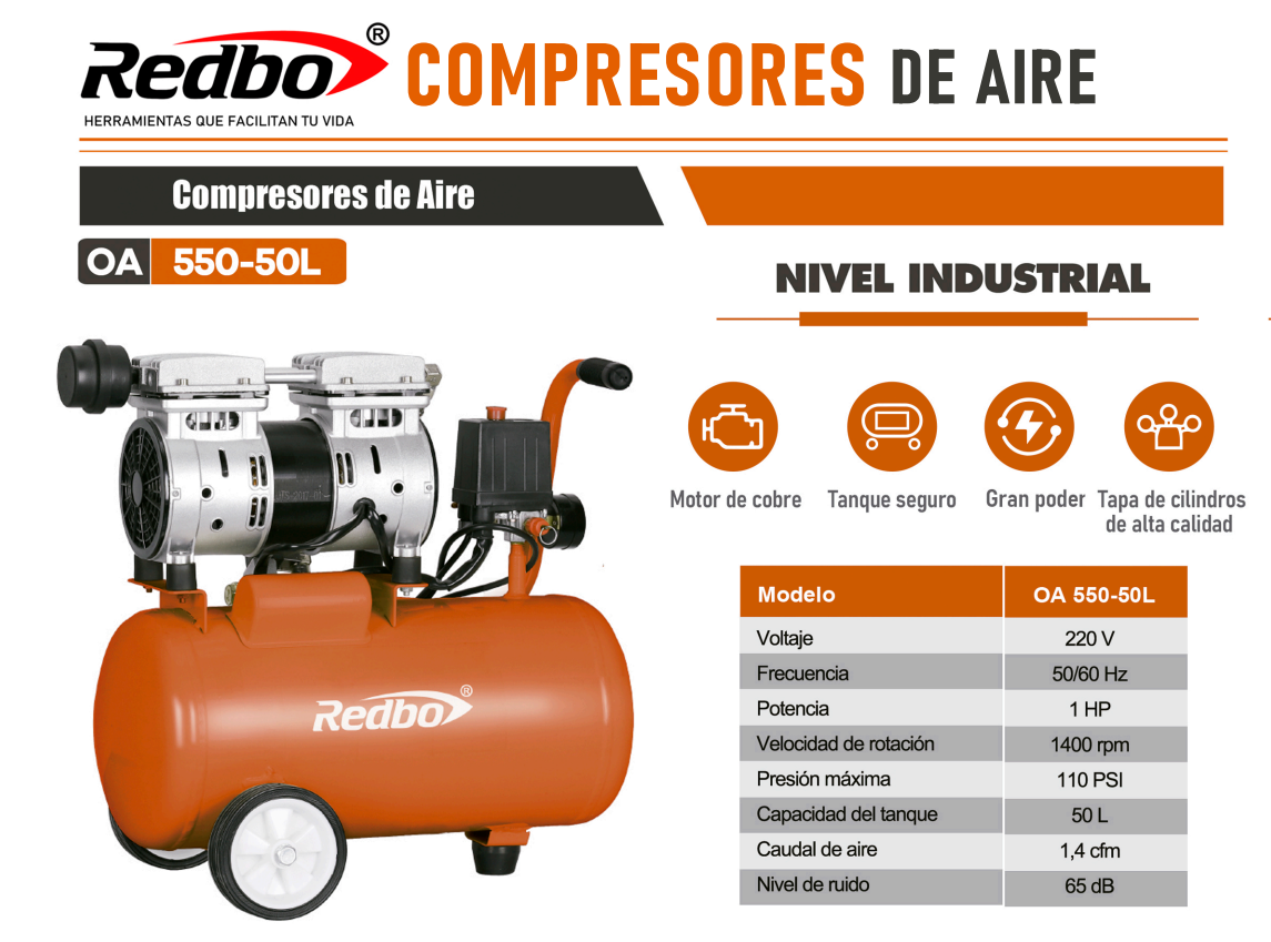 COMPRESOR DE AIRE SILENCIOSO 50L 1HP REDBO OA 550-50L