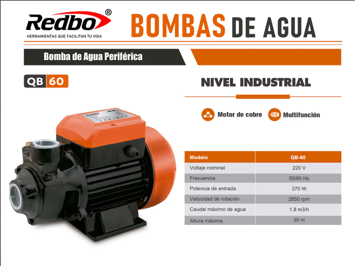 BOMBA DE AGUA PERIFERICA 0.5HP 370W REDBO QB-60