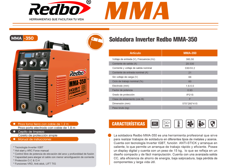 SOLDADORA INVERTER INDUSTRIAL MMA-350 REDBO