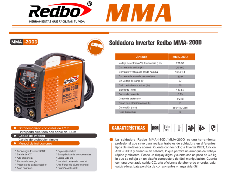 SOLDADORA INVERTER MMA-200D REDBO