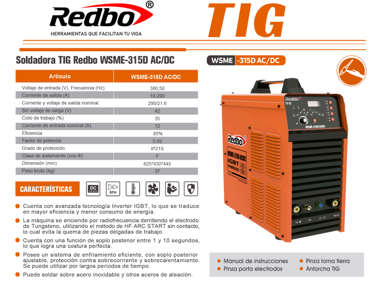 SOLDADORA TIG WSME-315D AC/DC REDBO
