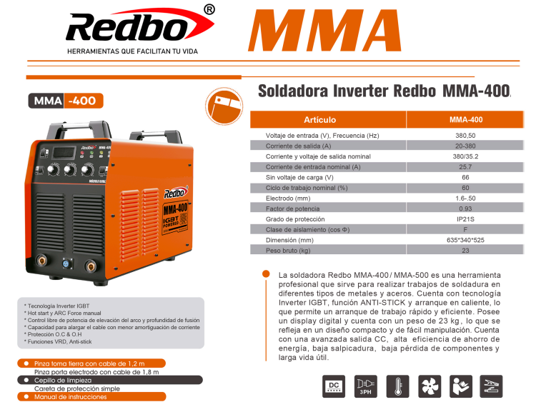 SOLDADORA INVERTER INDUSTRIAL MMA-400 REDBO