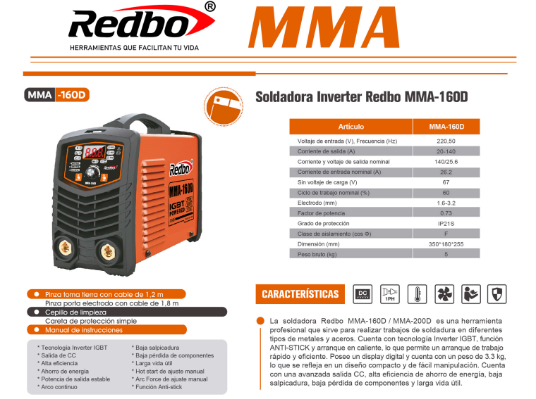SOLDADORA INVERTER MMA-160D REDBO