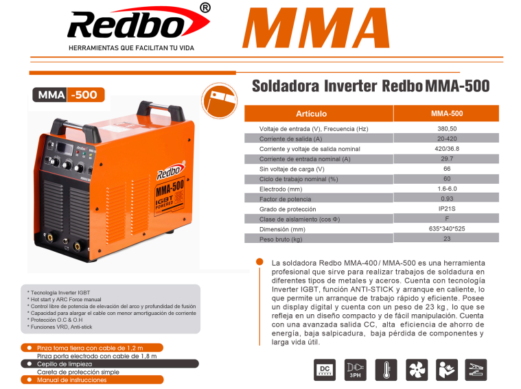 SOLDADORA INVERTER INDUSTRIAL MMA-500 REDBO