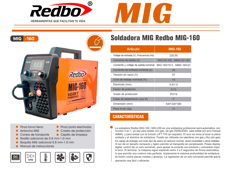 SOLDADORA 3 EN 1 MIG/TIG LIFT/MMA REDBO MIG-160