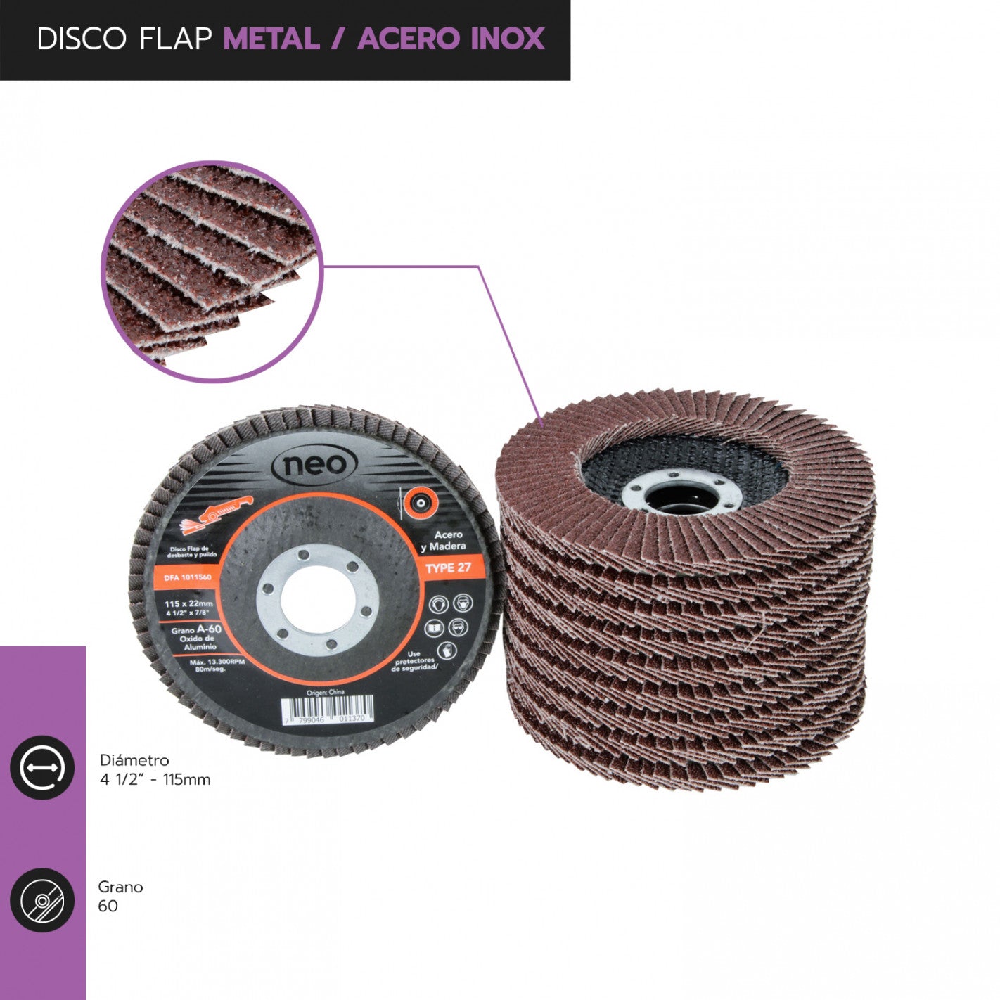 DISCO TRASLAPADO FLAP ACERO/MADERA 4 1/2′ G60 NEO