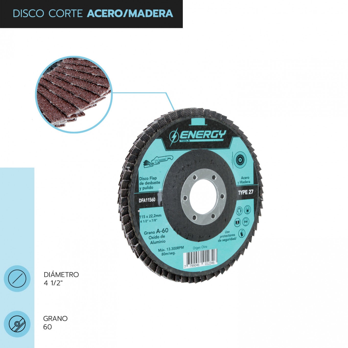 DISCO TRASLAPADO FLAP ACERO/MADERA 4 1/2′ G60 ENERGY