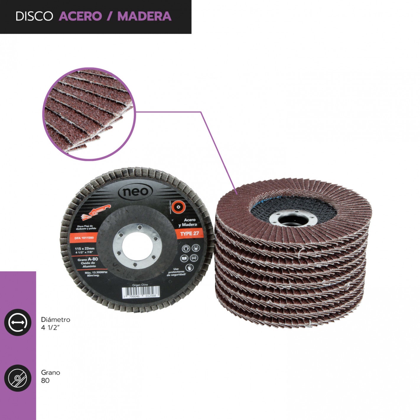 DISCO TRASLAPADO FLAP ACERO/MADERA 4 1/2′ G80 NEO