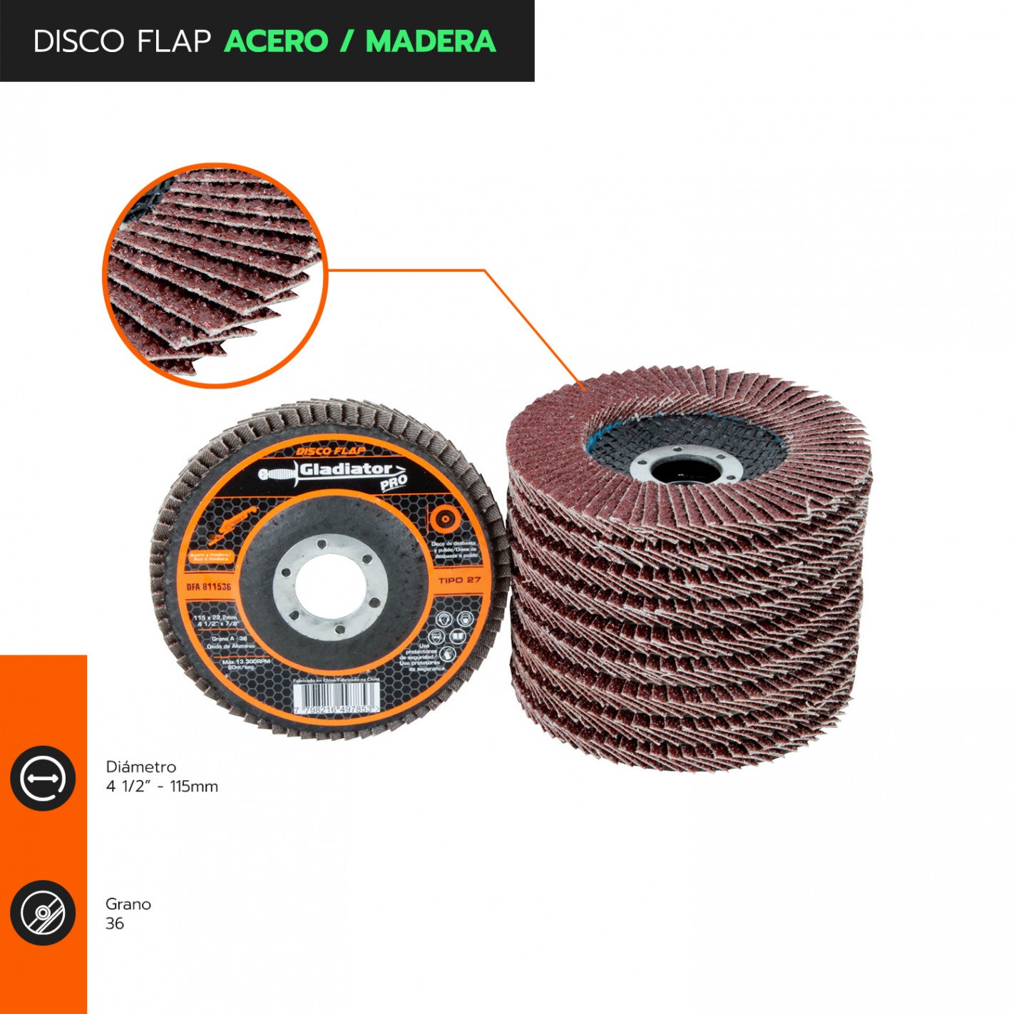 DISCO TRASLAPADO FLAP ACERO/MADERA 4 1/2′ G36 GLADIATOR