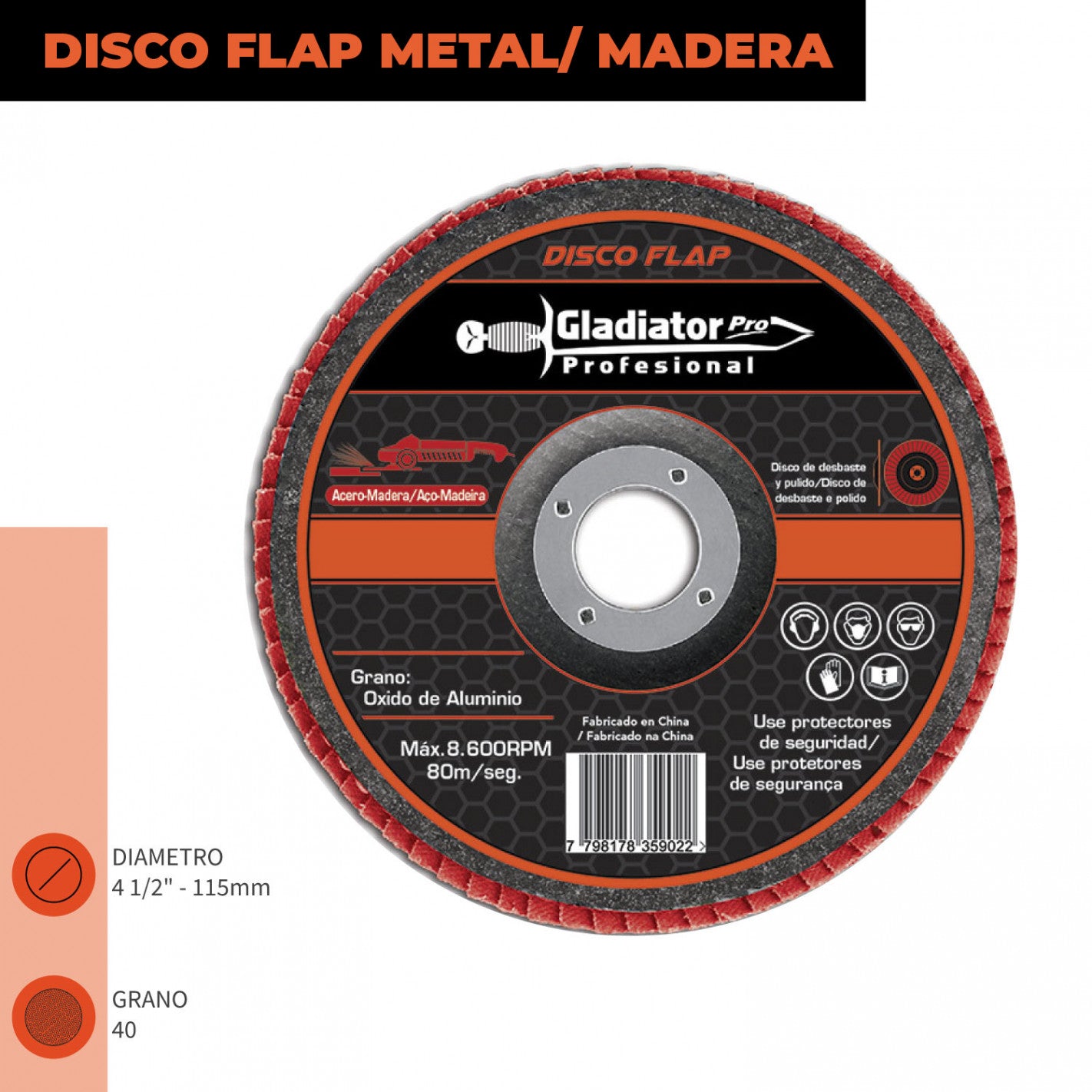 DISCO TRASLAPADO FLAP ACERO/MADERA 4 1/2′ G40 GLADIATOR