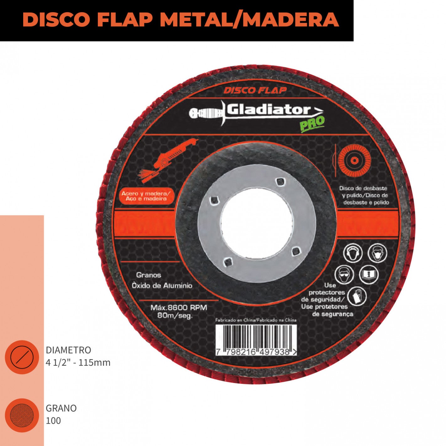 DISCO TRASLAPADO FLAP ACERO/MADERA 4 1/2′ G100 GLADIATOR