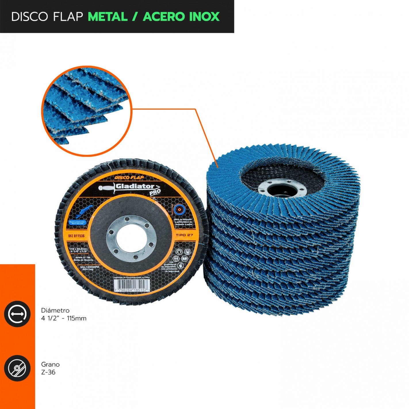 DISCO TRASLAPADO FLAP METAL/ACERO INOX 4 1/2′ G36 GLADIATOR