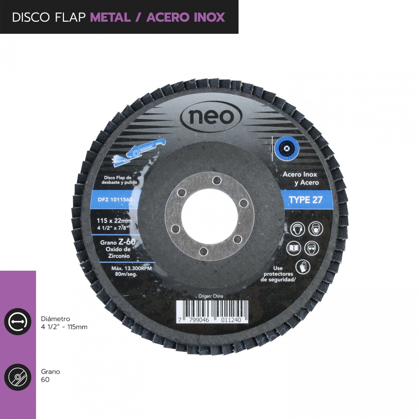 DISCO TRASLAPADO FLAP METAL/ACERO INOX 4 1/2′ G60 NEO