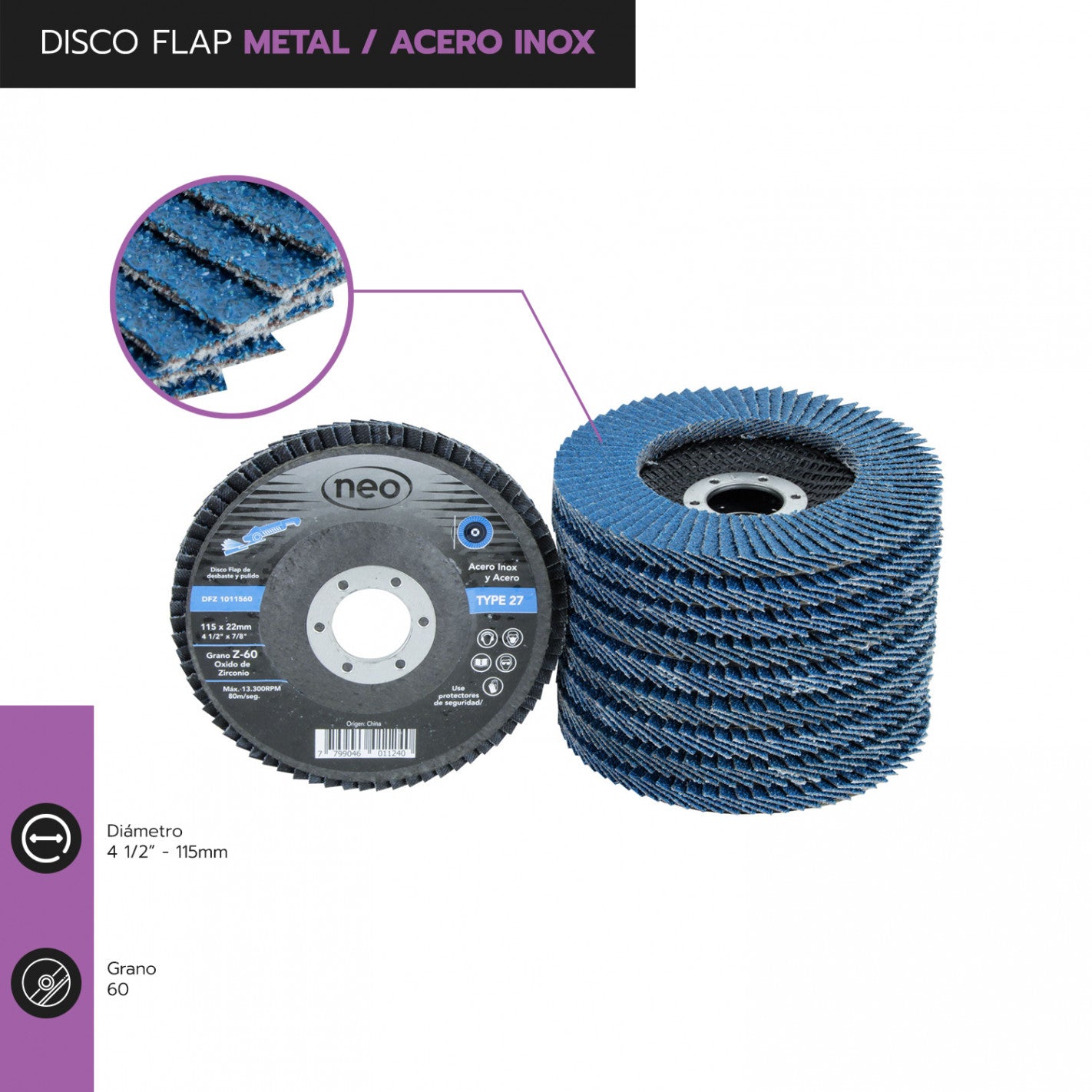 DISCO TRASLAPADO FLAP METAL/ACERO INOX 4 1/2′ G60 NEO
