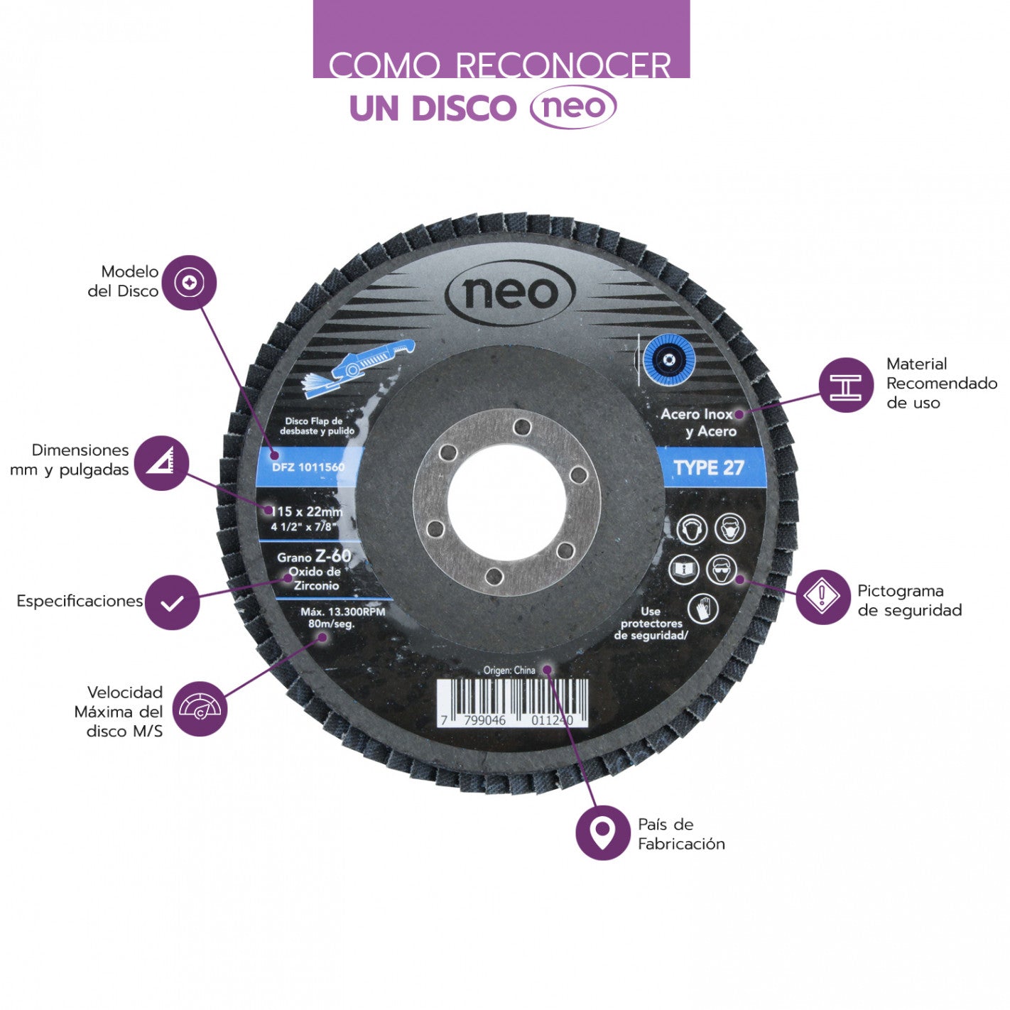 DISCO TRASLAPADO FLAP METAL/ACERO INOX 4 1/2′ G60 NEO