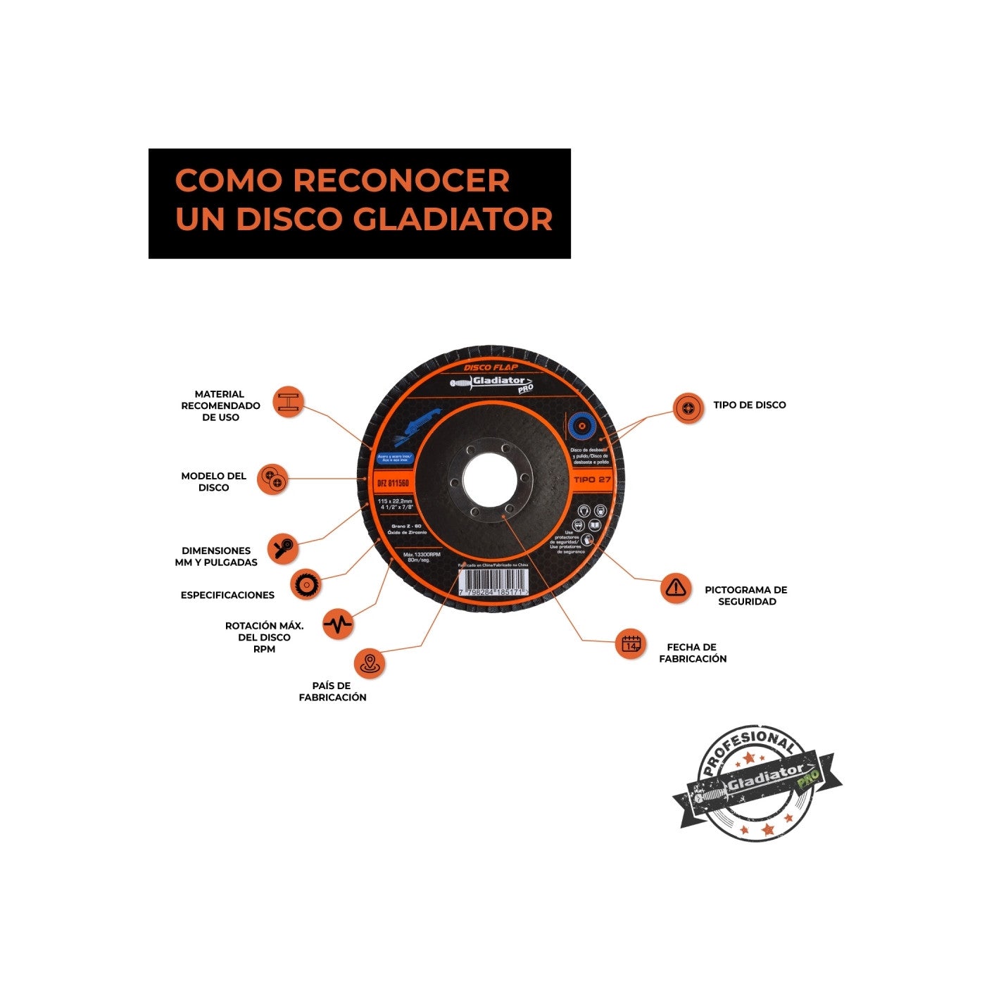 DISCO TRASLAPADO FLAP METAL/ACERO INOX 4 1/2′ G60 GLADIATOR