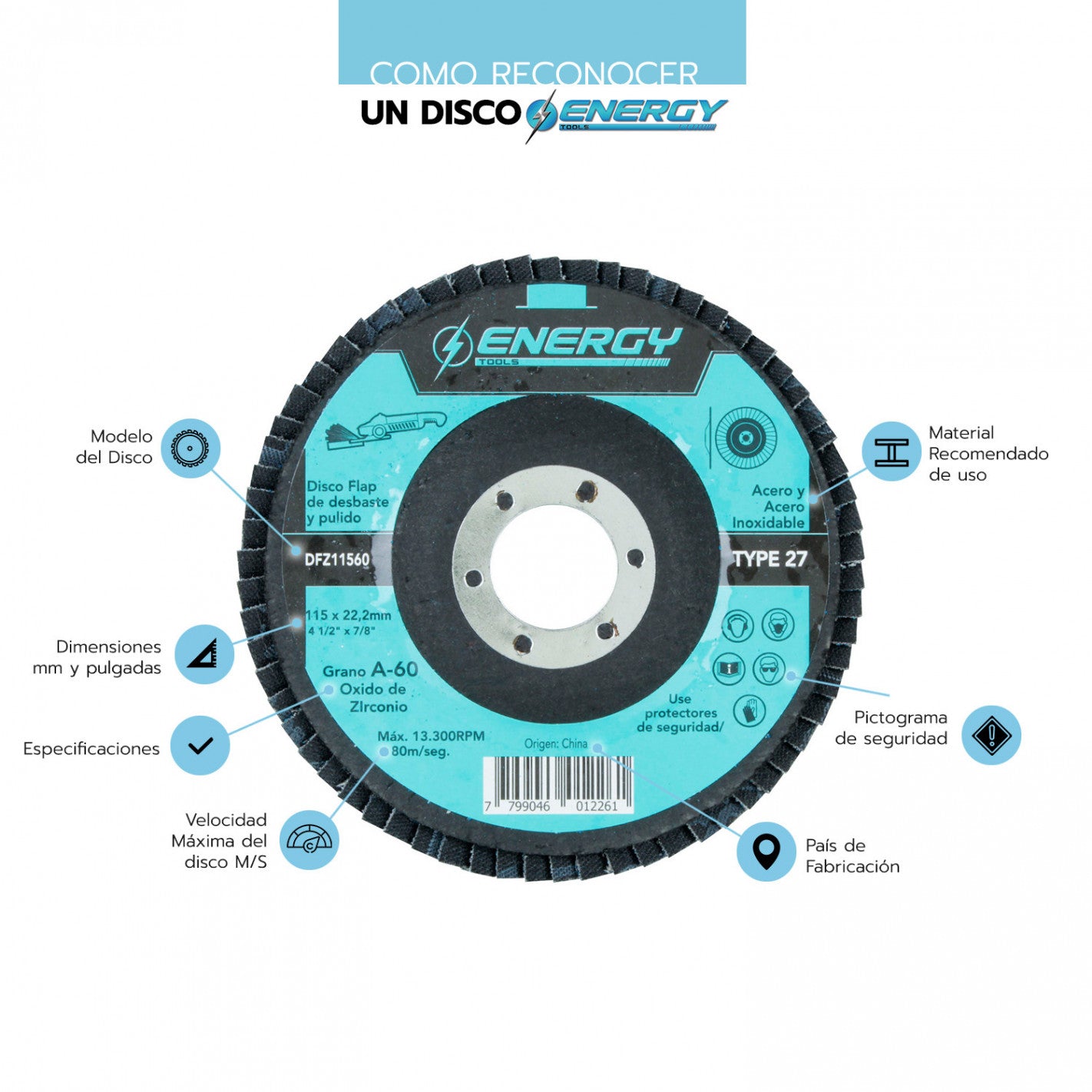 DISCO TRASLAPADO FLAP METAL/ACERO INOX 4 1/2′ G60 ENERGY
