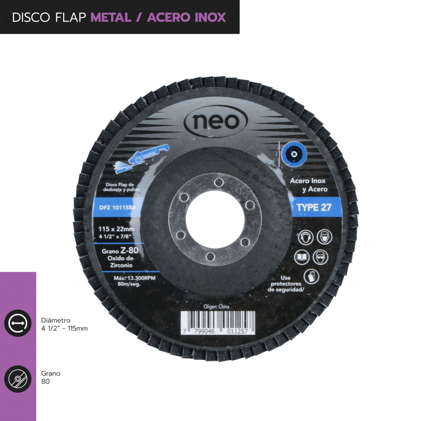 DISCO TRASLAPADO FLAP METAL/ACERO INOX 4 1/2′ G80 NEO