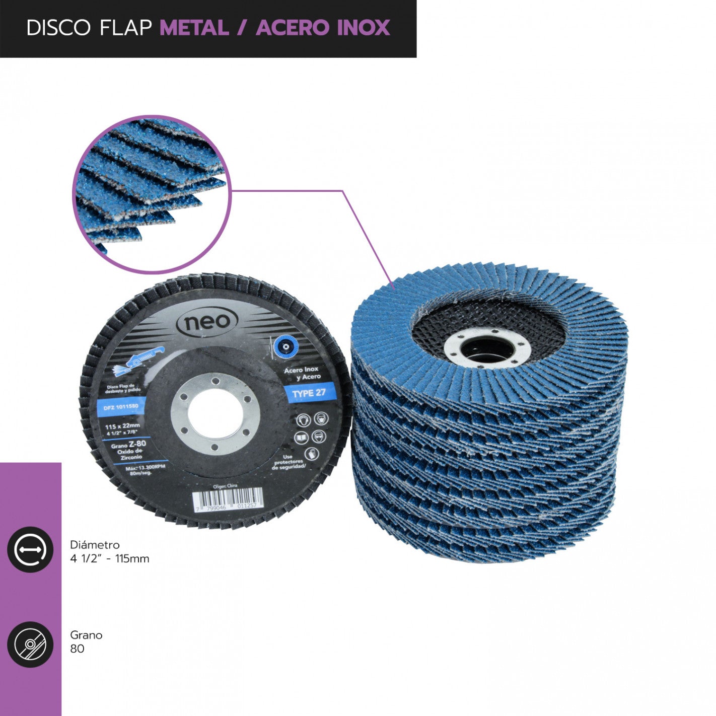 DISCO TRASLAPADO FLAP METAL/ACERO INOX 4 1/2′ G80 NEO