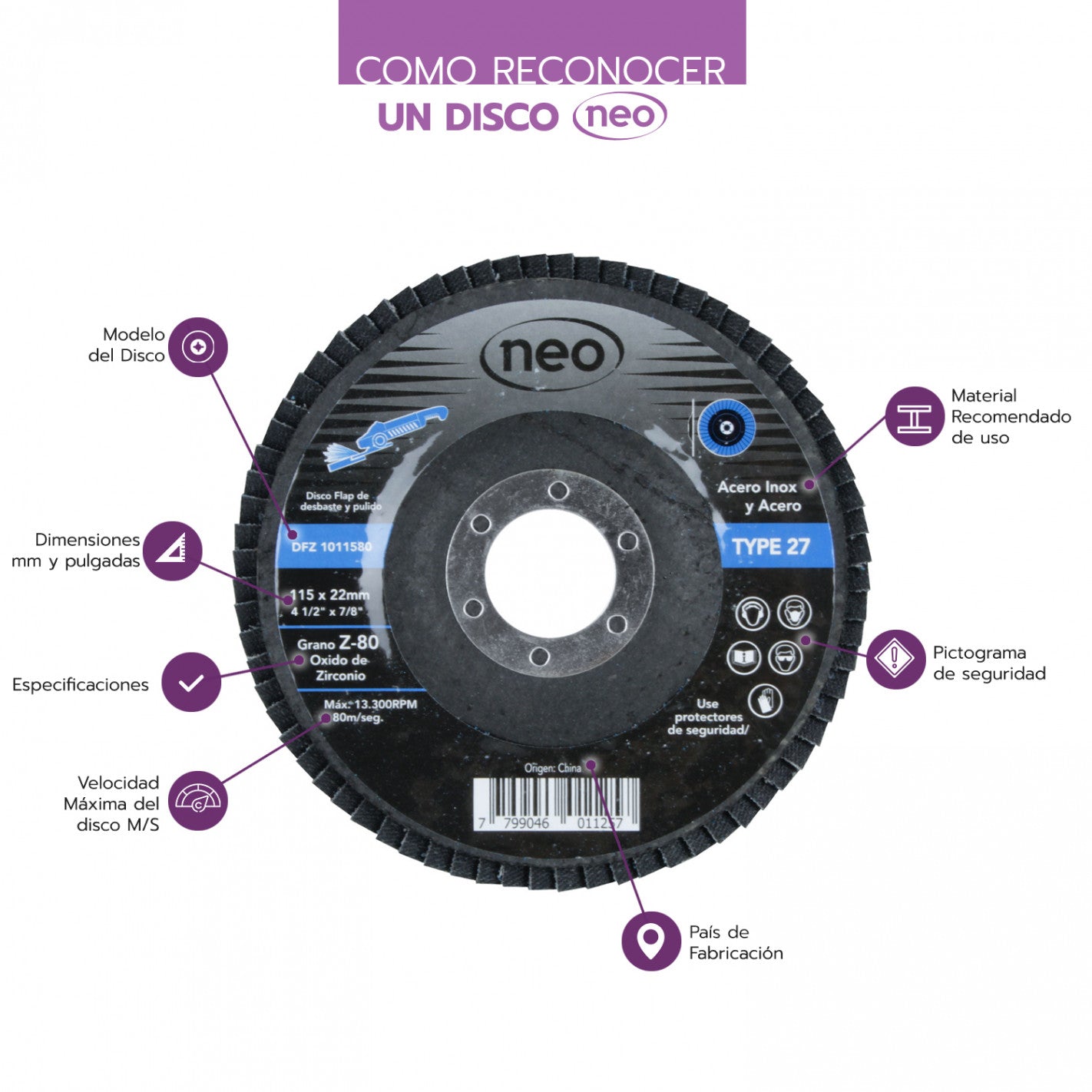 DISCO TRASLAPADO FLAP METAL/ACERO INOX 4 1/2′ G80 NEO