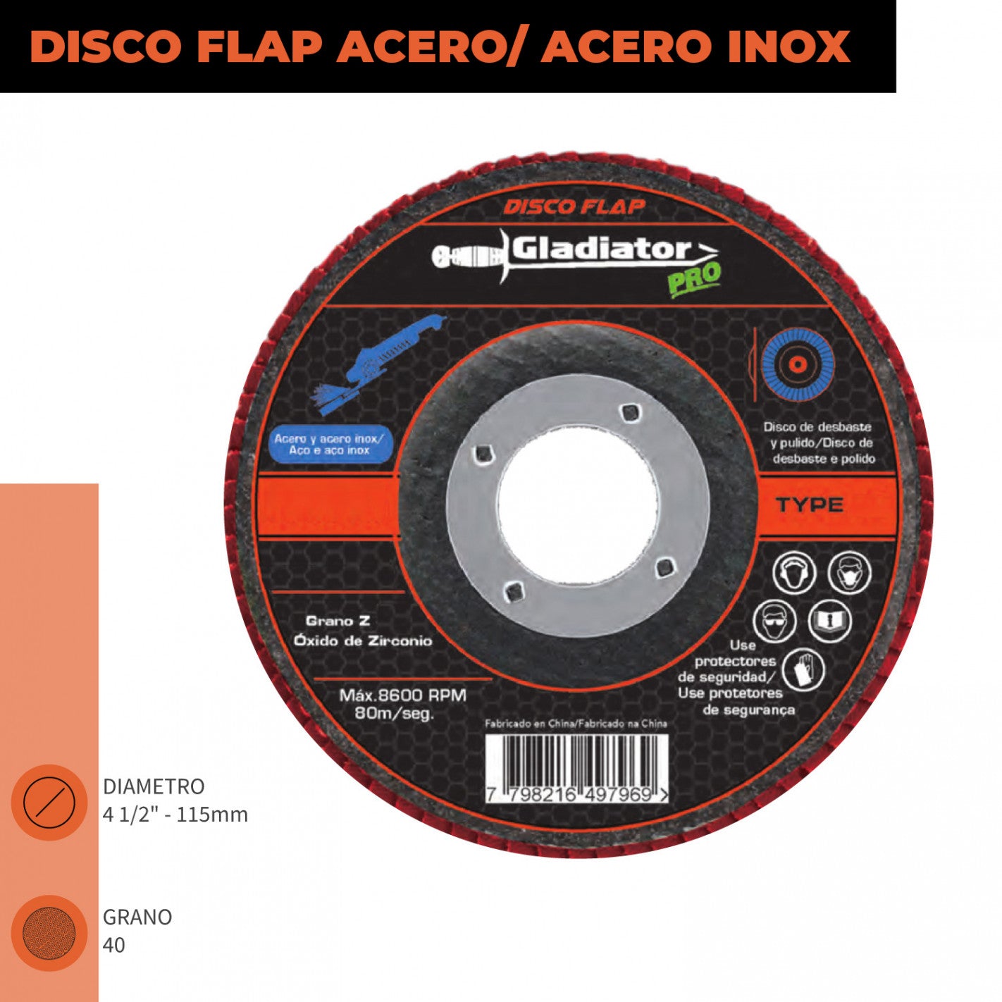 DISCO TRASLAPADO FLAP METAL/ACERO INOX 4 1/2′ G80 GLADIATOR