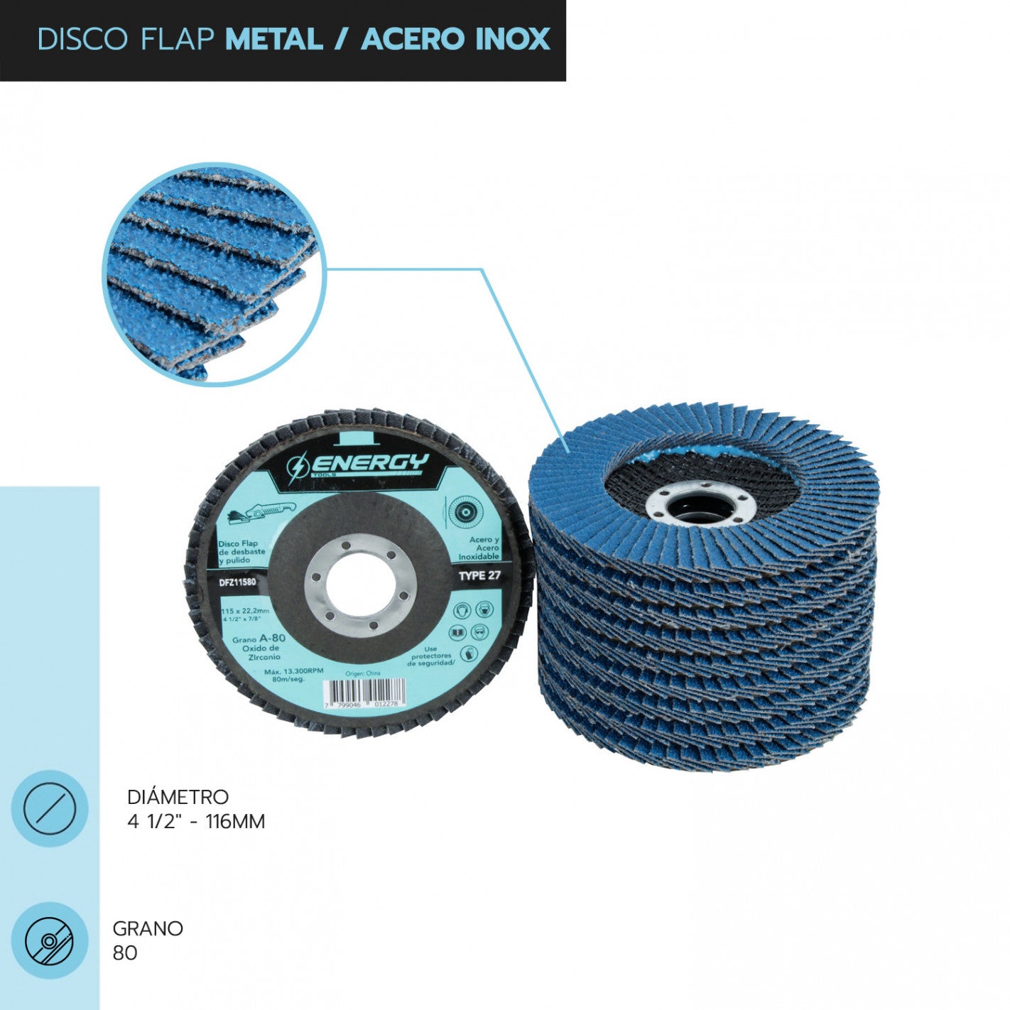 DISCO TRASLAPADO FLAP METAL/ACERO INOX 4 1/2′ G80 ENERGY