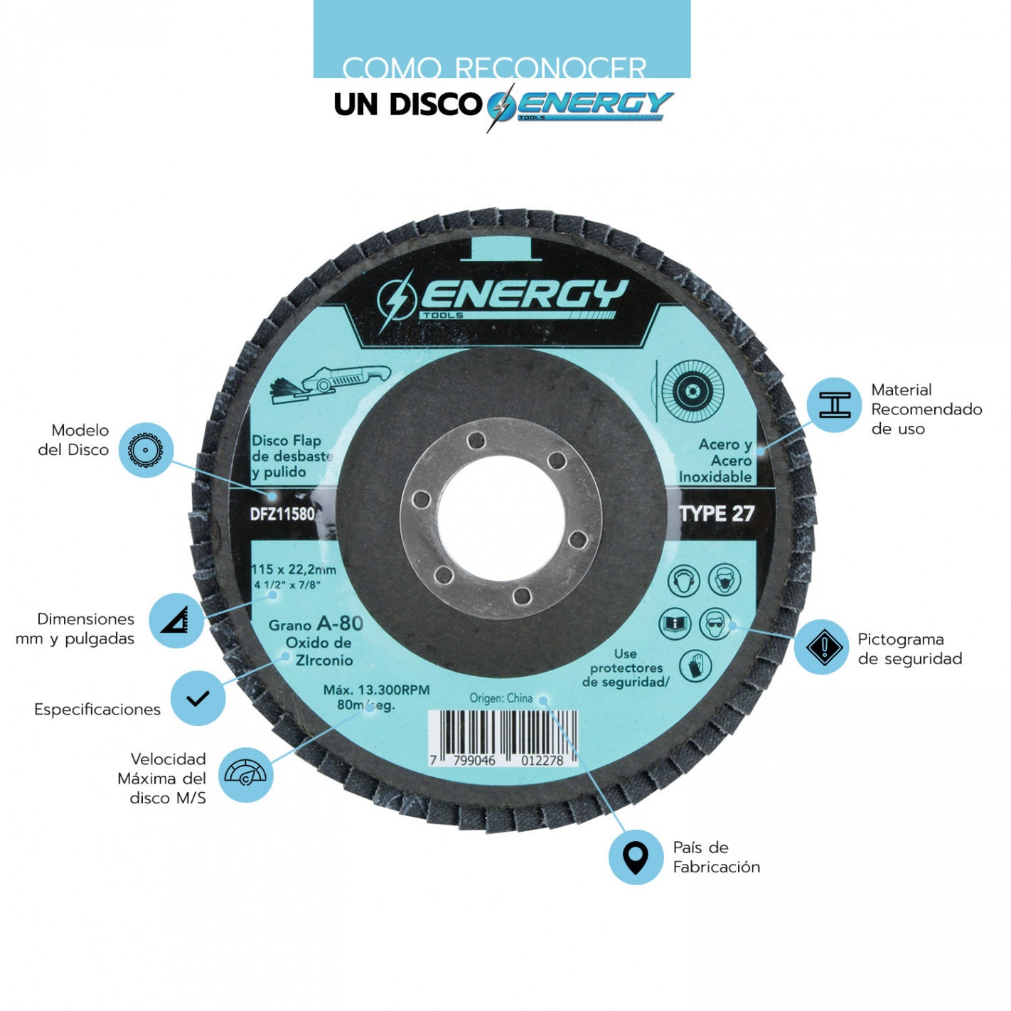 DISCO TRASLAPADO FLAP METAL/ACERO INOX 4 1/2′ G80 ENERGY