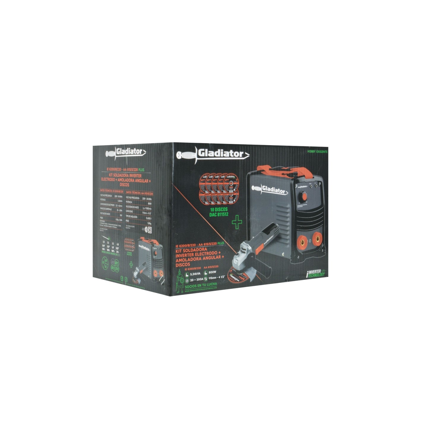 KIT SOLDADORA INVERTER ARCO MANUAL 200amp + ESMERIL + 10 DISCOS GLADIATOR