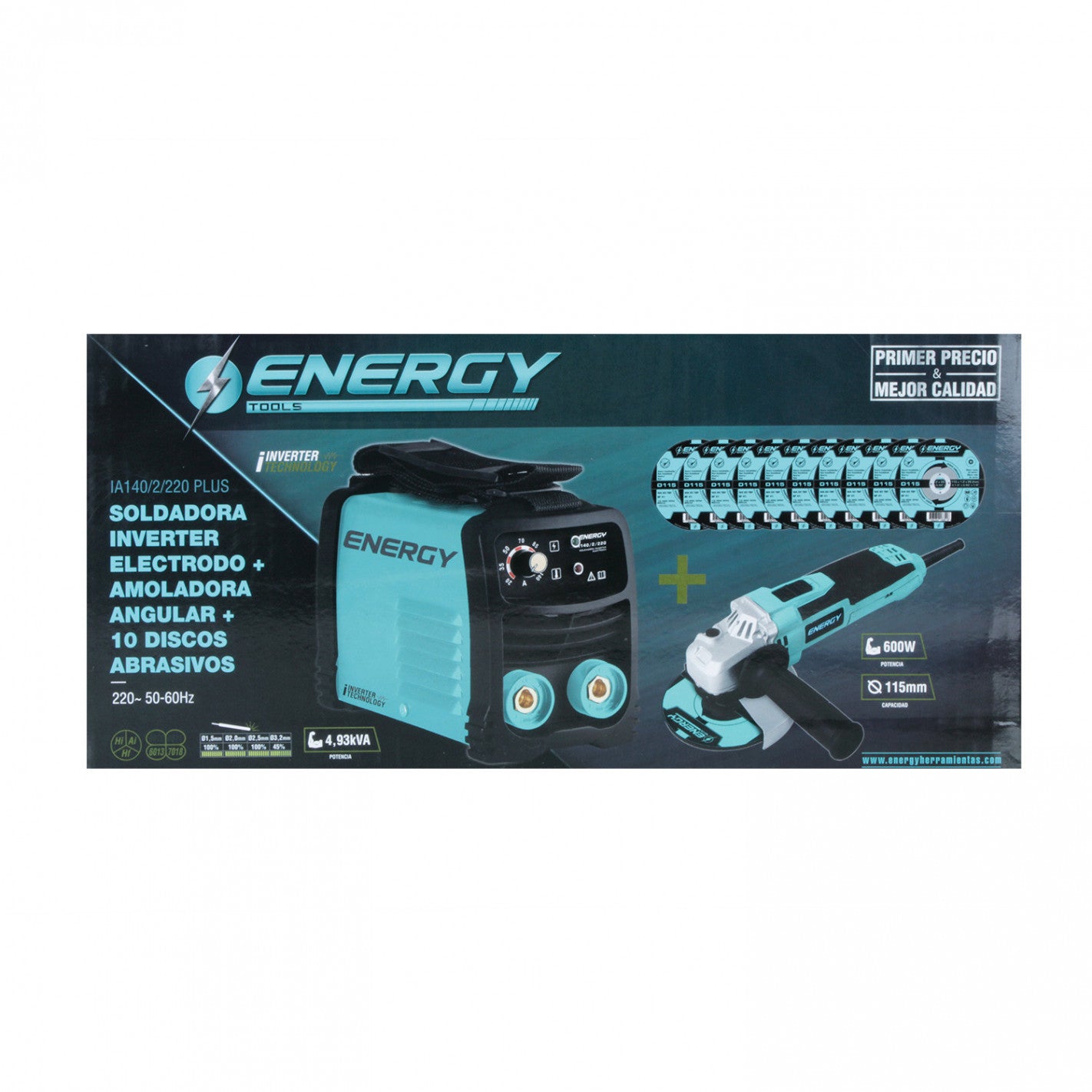 KIT SOLDADORA INVERTER ARCO MANUAL 140amp + ESMERIL 600W + 10 DISCOS ENERGY