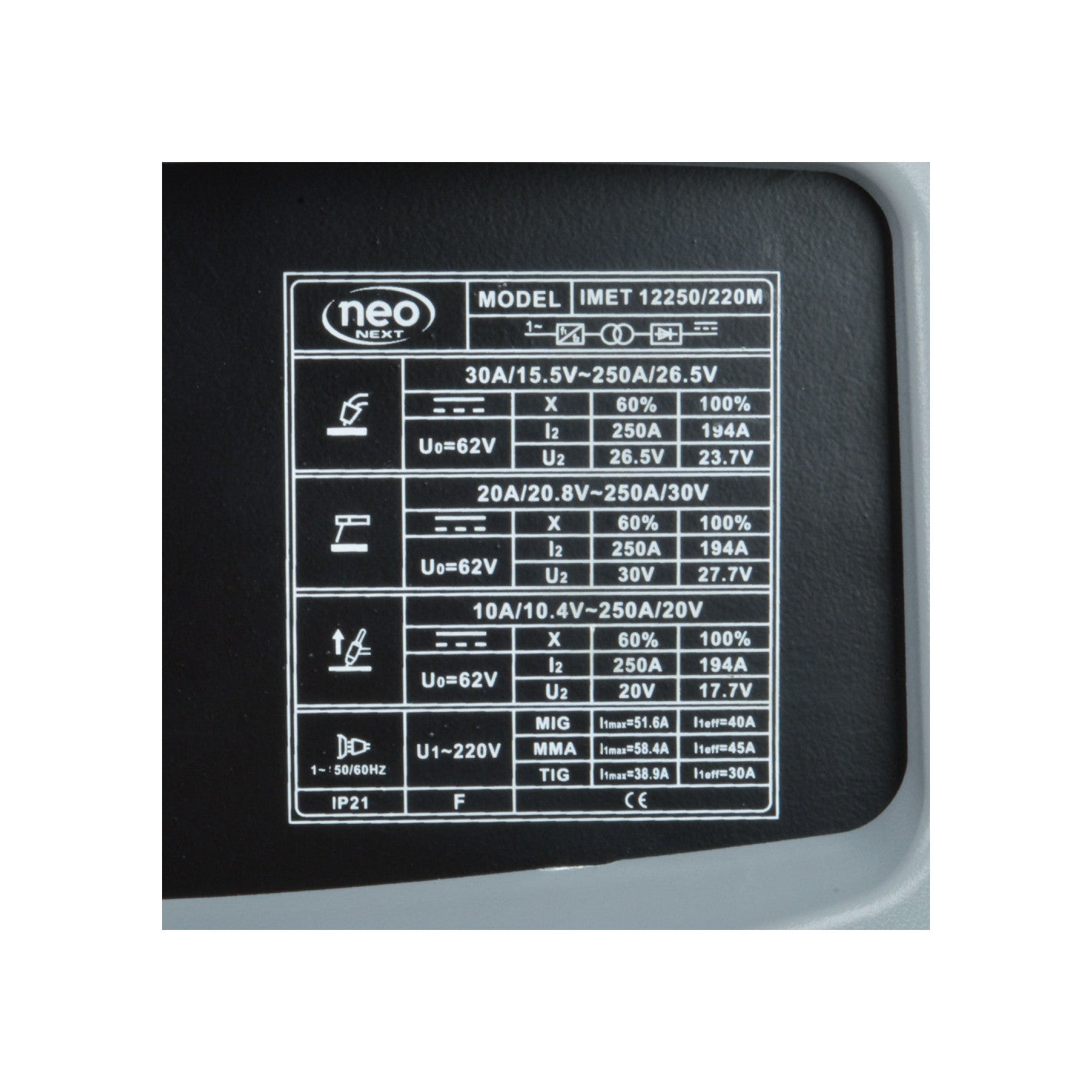 SOLDADORA MIG-TIG-ARCO 250 AMP NEO IMET 12250/220