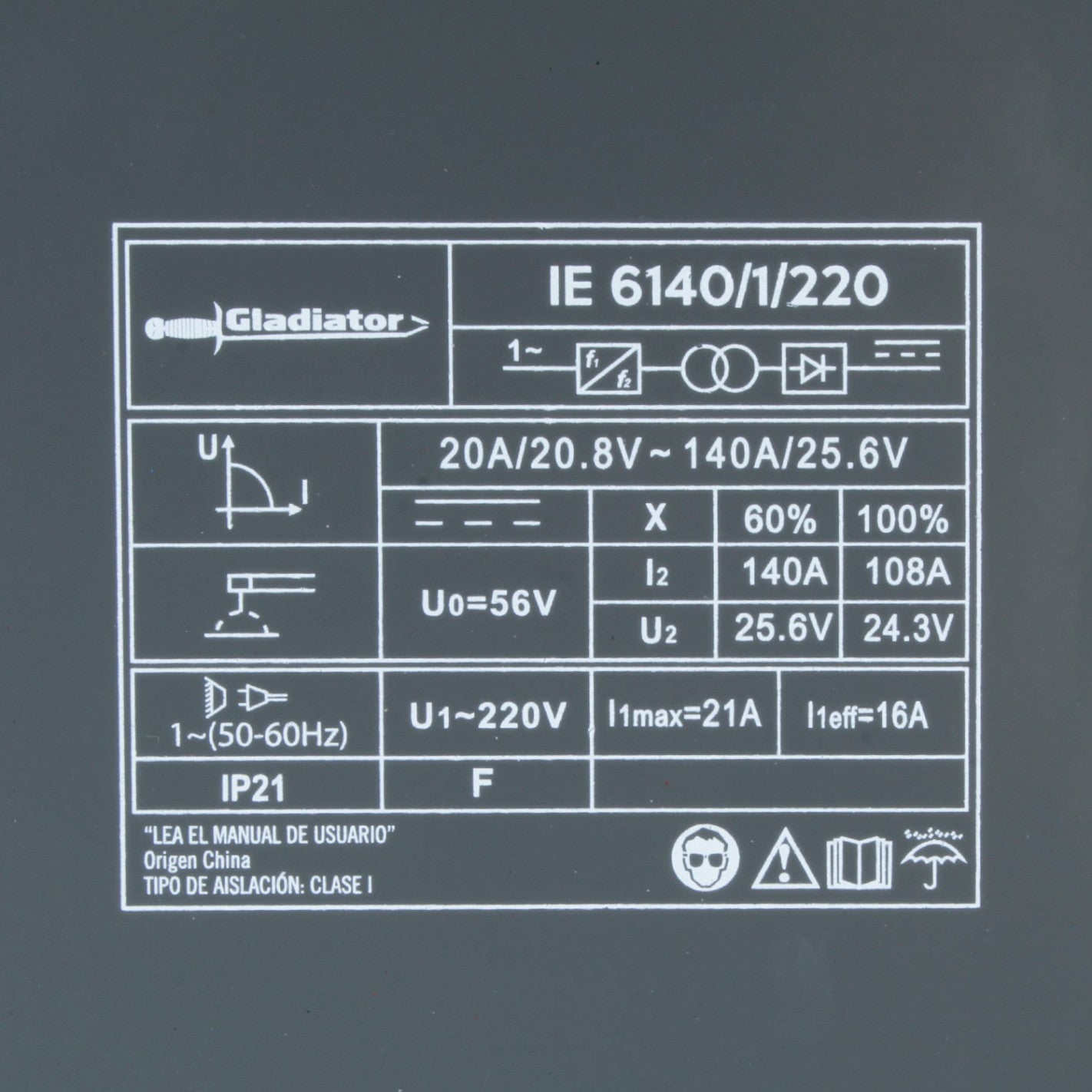 SOLDADORA INVERTER ARCO MANUAL 140amp GLADIATOR IE 6140/1//220