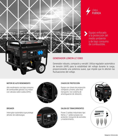 GENERADOR GASOLINA LONCIN LC13003S 10KVA PE C/BATERÍA 380V