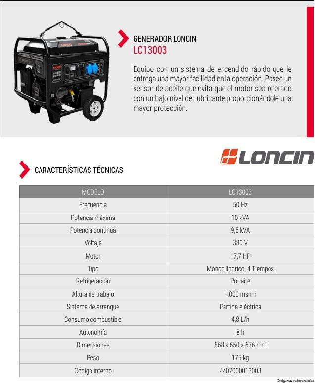GENERADOR GASOLINA LONCIN LC13003S 10KVA PE C/BATERÍA 380V