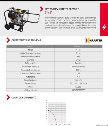 MOTOBOMBA DIÉSEL 3″X 3″ CAUDAL PE 6 HP KRAFTER SDP80CLE