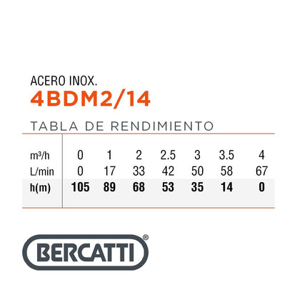 BOMBA SUMERGIBLE 1HP POZO 4" BERCATTI 4BDM2/14